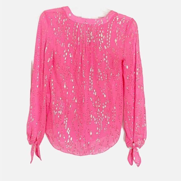 Lilly Pulitzer COLBY SILK CLIP TOP Neon Pink Gold Metallic Soleil Blouse Siz XXS - Picture 8 of 10